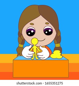 emoji with happy girl sculptor that is sculpting a human sculpture from clay or plasticine by shaping the figure with hands & water, simple colored emoticon