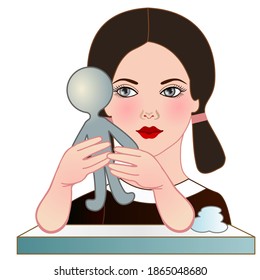 emoji with happy girl sculptor that is sculpting a human sculpture from clay or plasticine by shaping the figure with hands and water, simple colored emoticon