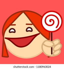 emoji with happy girl that is holding a sweet lollipop candy on a stick in her hand, simple colored emoticon, simplistic colorful pictogram, ball like personage with thick outlines