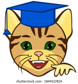 emoji with happy graduate student, smiling cat wearing a graduation hat, funny cartoon character with simplistic facial expression, simple hand drawn emoticon, vector illustration