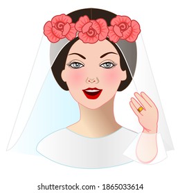 emoji with happy just married spouse or wife wearing a veil with flowers and showing her wedding ring on her finger, simple colored emoticon