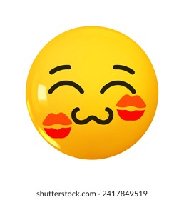 Emoji happy with kiss marks on his cheeks. Emotion 3d cartoon icon. Yellow round emoticon. Vector illustration