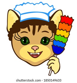 emoji with happy maid wearing a retro servant hat holds a synthetic duster or dusting brush while doing a cleaning job, simple hand drawn cat emoticon