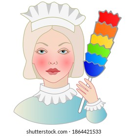 Emoji With Happy Maid Wearing A Retro Domestic Servant Hat Holds A Synthetic Duster Or Dusting Brush While Doing A Cleaning Job, Simple Hand Drawn Emoticon