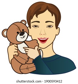 emoji with happy man in hat holding teddy bear, vintage color emoticon on white isolated background