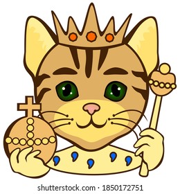 emoji with happy medieval cat king or emperor wearing his royal regalia with crown and fur that represents his authority, simple hand drawn emoticon, funny cartoon character