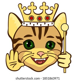emoji with happy medieval cat king or emperor wearing his royal regalia with crown and fur that represents his authority, simple colored emoticon, simplistic colorful vector illustration