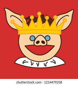 emoji with happy medieval king or emperor pig wearing his royal regalia with crown and fur that represents his authority, vector emoji drawn by hand in color, simplistic colorful picture