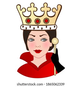 emoji with happy medieval lady, princess or queen wearing her crown and beautiful royal dress with high collar, simple colored emoticon, simplistic colorful vector illustration