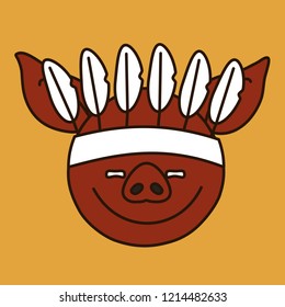 emoji with happy native american pig that is wearing an ethnic feathered war bonnet or warbonnet, simple hand drawn emoticon, simplistic colorful picture, vector art with pig-like characters