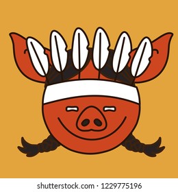emoji with happy native american pig woman that is wearing an ethnic feathered war bonnet or warbonnet, simple hand drawn emoticon, simplistic colorful picture, vector art with pig-like characters