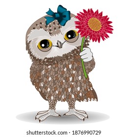 emoji with happy owl girl that is giving a flower, color emoticon on white isolated background