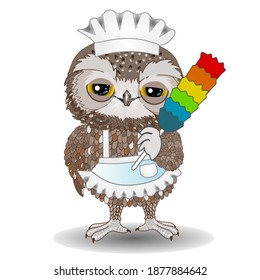 Emoji With Happy Owl Maid Wearing A Retro Domestic Servant Hat Holds A Synthetic Duster Or Dusting Brush While Doing A Cleaning Job, Hand Drawn Emoticon