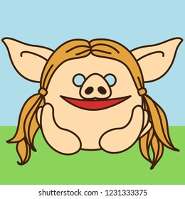 emoji with happy pig gal who daydreams while propping her head up with hands & lying at the grass, simple hand drawn emoticon, simplistic colorful picture, vector art with pig-like characters
