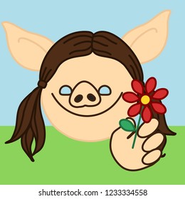 emoji with happy pig girl with pigtails that is giving a flower to her boyfriend at the grass field, simple hand drawn emoticon, simplistic colorful picture, vector art with pig-like characters
