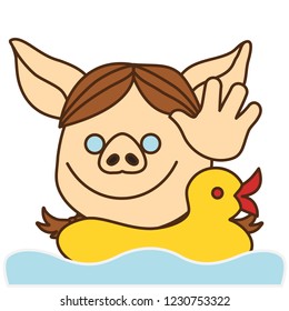 emoji with happy pig girl that is swimming in a paddling water pool on an inflatable rubber duck while holding her palm high in a greeting gesture, woman says hi or hello while having a bath