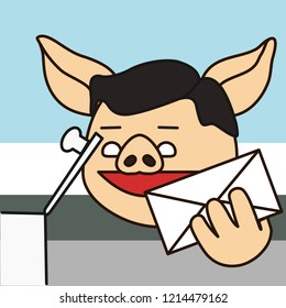 Emoji With Happy Pig Man That Is Holding An Envelope With Message, Guy Getting Incoming Letter Or Mail From His Mailbox, Vector Emoji Drawn By Hand In Color, Simplistic Colorful Picture