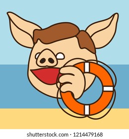 emoji with happy pig man that is holding an emergency water lifebuoy, simple hand drawn emoticon, simplistic colorful picture, vector art with pig-like characters