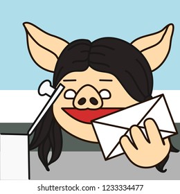 emoji with happy pig woman who is holding an envelope with message, girl getting incoming letter or mail from her mailbox, simple hand drawn emoticon, simplistic colorful picture