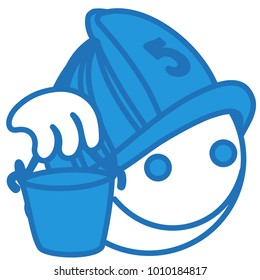 emoji with happy retro fireman or firefighter at work fighting the fire with water bucket wearing a safety helmet or casque, simple hand drawn emoticon, ball or circle shaped face, eps 10