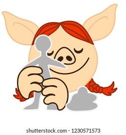 emoji with happy sculptor pig woman that is sculpting a human sculpture from clay or plasticine by shaping the figure with hands & water, simple hand drawn emoticon, simplistic colorful picture