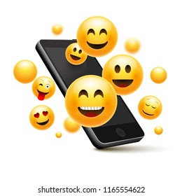 Emoji Happy Smiley Design With Mobile Phone. 3d Emotion Concept Illustration.