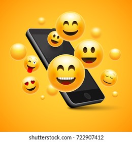 Emoji Happy Smiley Design With Mobile Phone. 3d Emotion Concept Illustration.