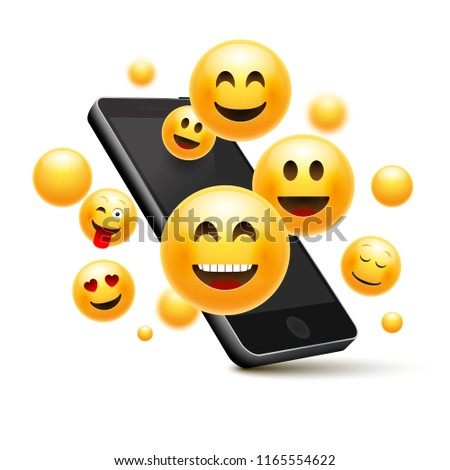 Emoji happy smiley design with mobile phone. 3d emotion concept illustration.