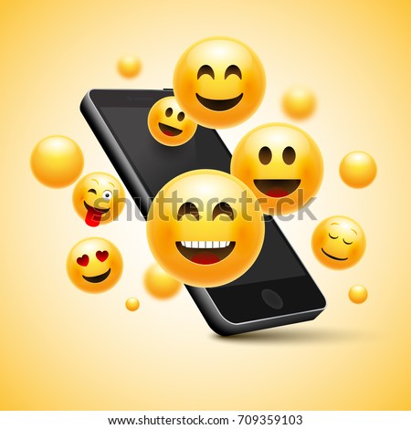 Emoji happy smiley design with mobile phone. 3d emotion concept illustration.