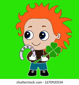 emoji with happy smiling boy holding symbols of luck in his hands - a clover and a horseshoe, simple colored emoticon on isolated background