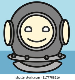 emoji with happy smiling deep water or deep-sea diver wearing a heavy retro diving dress or pressure suit with metal helmet and air bubbles around, simple colored emoticon, eps 10 vector illustration