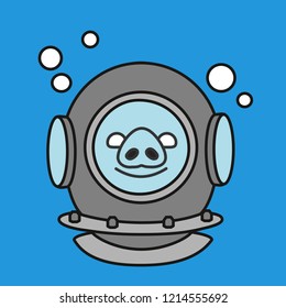 emoji with happy smiling deep water or deep-sea diver pig wearing a heavy retro diving dress or pressure suit with metal helmet and air bubbles around, simple hand drawn emoticon