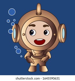 emoji with happy smiling deep water or deep-sea diver wearing a heavy retro diving dress or pressure suit with metal helmet and air bubbles around, simple colored emoticon