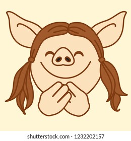 emoji with happy smiling pig gal who closed her eyes because she is feeling bliss or pleasure, simple hand drawn emoticon, simplistic colorful picture, vector art with pig-like characters