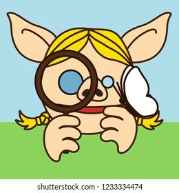 emoji with happy smiling pig girl with blonde pigtails who is looking through the magnifying glass seeing something interesting in that butterfly sitting at her finger, simple hand drawn emoticon