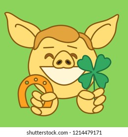 emoji with happy smiling pig man holding symbols of luck in his hands - a clover and a horseshoe, simple hand drawn emoticon, simplistic colorful picture, vector art with pig-like characters