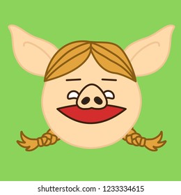 emoji with happy smiling pig woman character with smirking facial expression & a smile on her face, simple hand drawn emoticon, simplistic colorful picture 