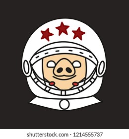emoji with happy smiling soviet cosmonaut pig, chinese or russian astronaut or nasa spaceman in a spacesuit or jump suit with an opened space helm decorated with five point stars
