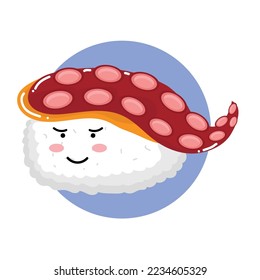 Emoji happy sushi in sunglasses icons. Sashimil whith shrimp funny stickers. Food, cartoon style. Sushi isolated on white background