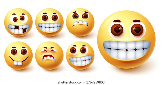 Emoji happy vector set. Emojis funny teeth face with funny, crazy, happy, weird and blush mood and facial expression for icon social media design element. Vector illustration. 
