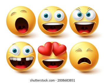 Emoji happy vector set. Emojis emoticon happy, in love and sleepy face collection facial expressions isolated in white background for graphic design elements. Vector illustration
