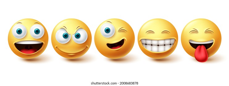 Emoji happy vector set. Emojis face yellow emoticon with funny, winking and naughty facial expressions isolated in white background for design elements. Vector illustration
