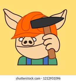 emoji with happy worker pig at work that is wearing a safety helmet & holding a hammer tool in his hand that this man is nailing a nail with, simplistic colorful picture, eps 10 vector clip art