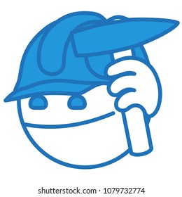 emoji with happy worker at work wearing a safety helmet & holding a hammer tool in his hand that this man is nailing a nail with, ball or circle shaped face, simplistic facial expression, eps 10