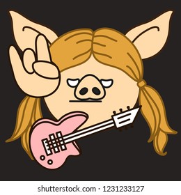 emoji with hard rock electric guitar player pig woman with blond hair & pigtails that is showing a sign of the horns gesture with her hand on the stage, simplistic colorful picture