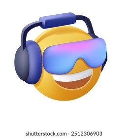 Emoji con auriculares escuchando música, Vector de dibujos animados de estilo 3D. Emoticon en gafas de sol sobre un fondo blanco. Emoji fresco, celebración, invitación, icono de mensajería de chat. Cara linda de la sonrisa