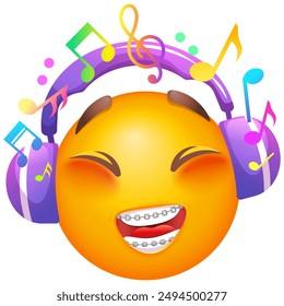 Emoji with headphones listening to music. Emoticon with dental teeth braces on white background. Cute emoticon