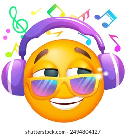 Emoji con auriculares escuchando música. Emoticon en gafas de sol sobre fondo blanco. Emoji para fiesta, celebración, invitación, tarjeta, impresión, Elementos de Diseño gráfico. Emoticonos lindos