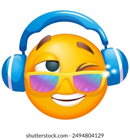 Emoji con auriculares escuchando música. Emoticon en gafas de sol sobre fondo blanco. Emoji para fiesta, celebración, invitación, tarjeta, impresión, Elementos de Diseño gráfico. Emoticonos lindos