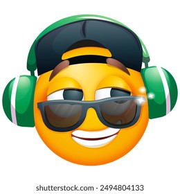 Emoji with headphones listening to music. Emoticon in sunglasses on a white background. Emoji for party, celebration, invitation, card, print, graphic design elements. Cute emoticons